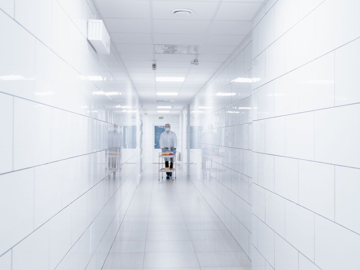 Hospital corridor with a suspended ceiling