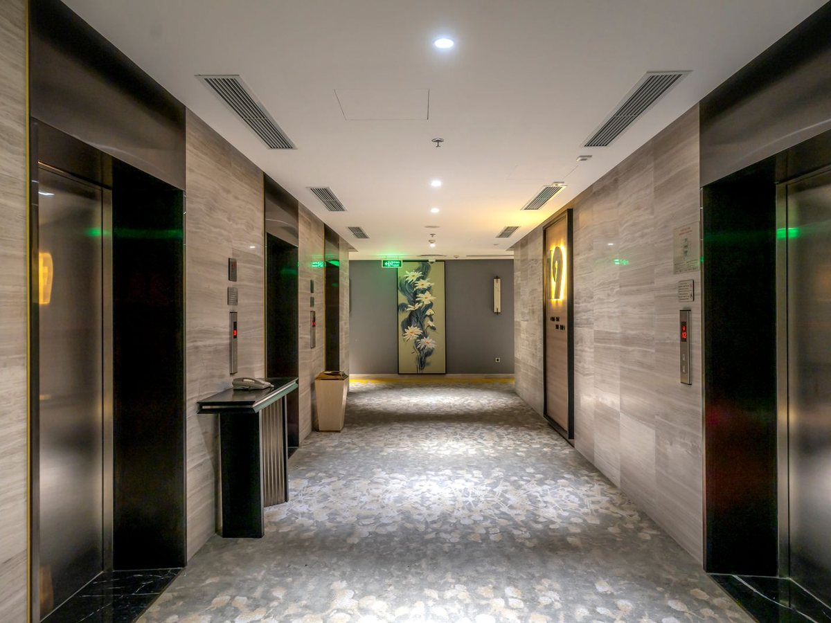 Hotel corridor with a finished ceiling